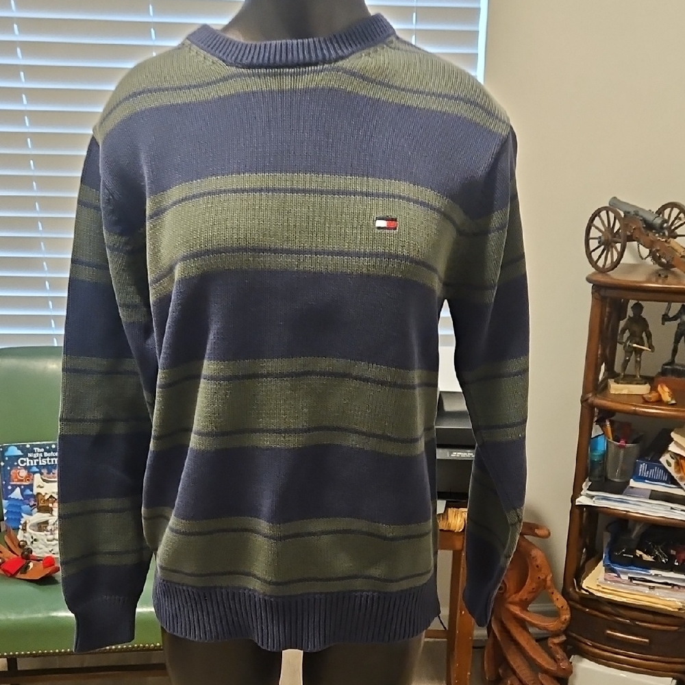 Vintage Tommy Hilfiger Men's Navy and Olive Striped Crewneck Sweater, Size Small